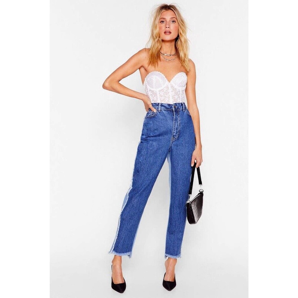 NWT‎ Nasty Gal Womens Two Tone For One Distressed Denim Jeans Size 6 Mom Jeans